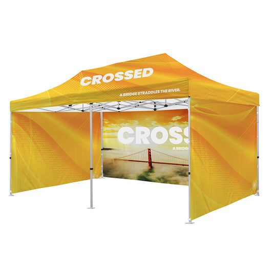 Yellow pop-up tent with branding on a white background
