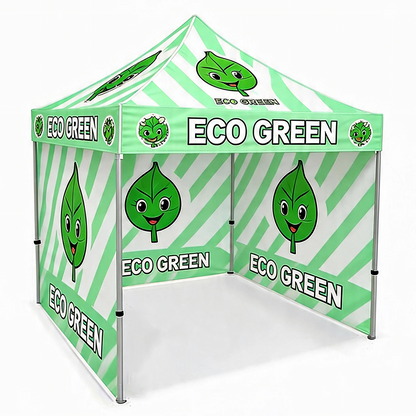 A pop-up canopy tent with a green and white striped pattern, featuring a cartoon leaf character and the text 'ECO GREEN' printed on the panels and roof.