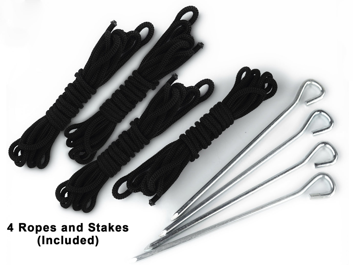 4 black ropes and 4 stakes are included. 