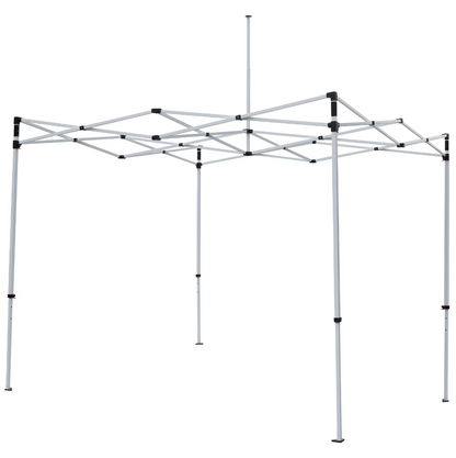 A white pop-up canopy tent frame with black adjustment knobs and accents, shown fully assembled on a solid white background.